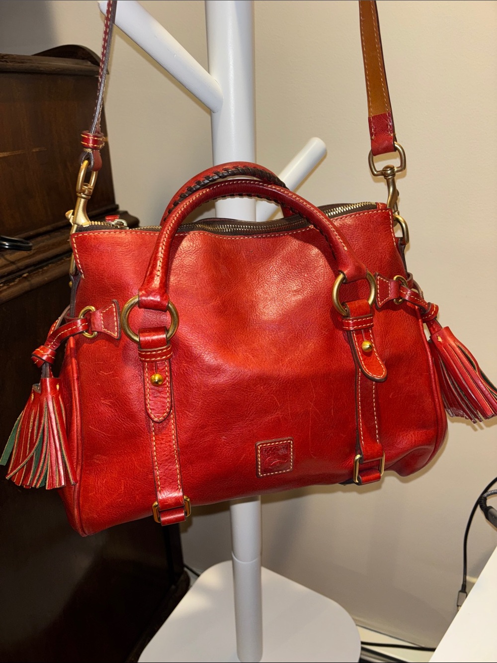 Dooney Bourke Red Leather Satchel with Tassel Accents